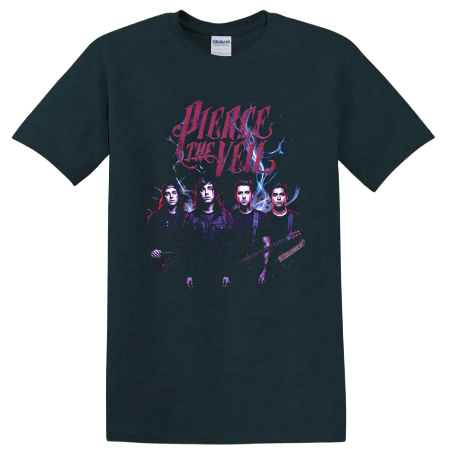 Pierce the Veil Misadventures-era rock band portrait graphic print on a Midnight (Green) T Shirt