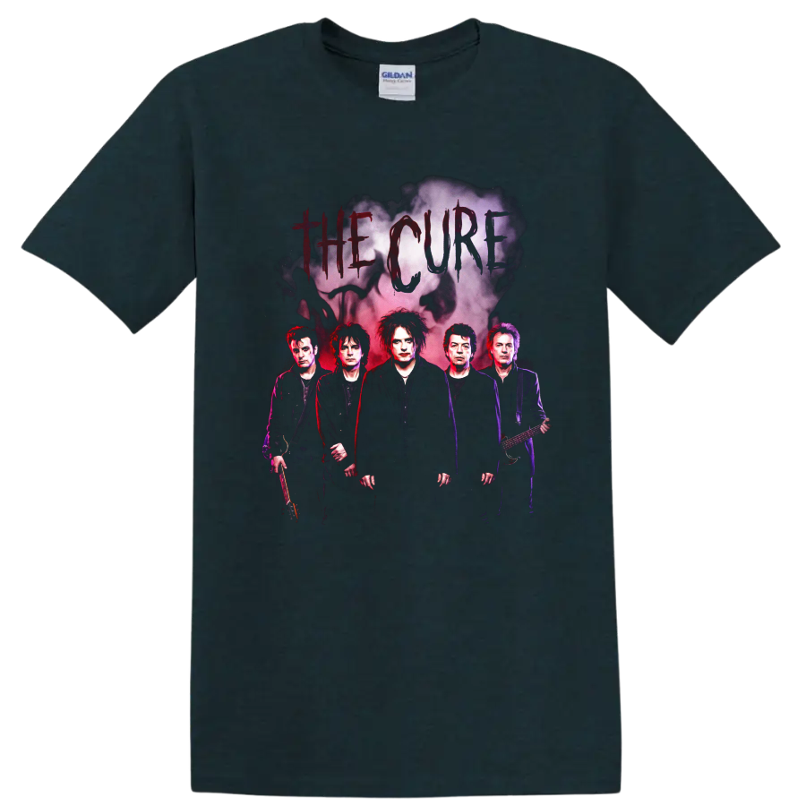 The Cure gothic rock band portrait with smoky cloud graphic on a Midnight (Green) T Shirt
