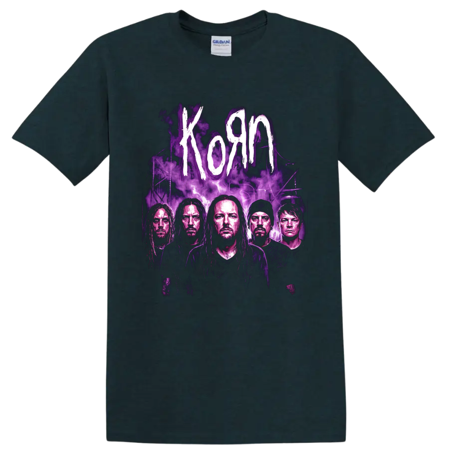 Korn band portrait graphic with purple smoke and distressed white lettering on a Midnight (Green) T Shirt
