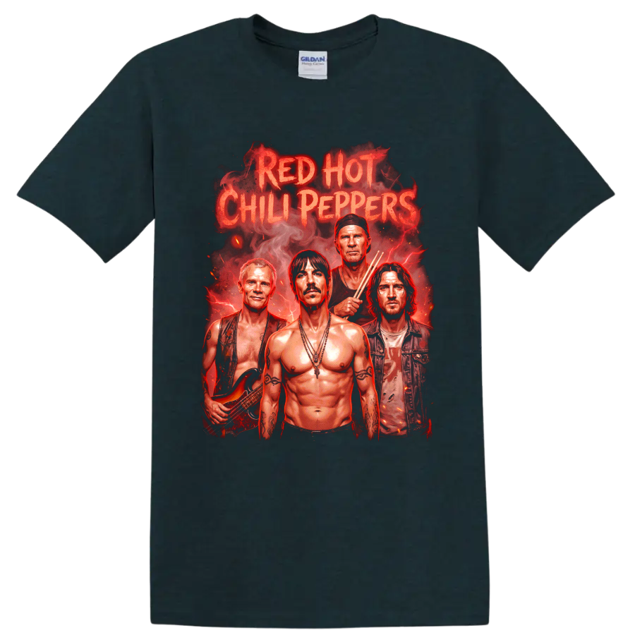 Red Hot Chili Peppers fiery rock band portrait graphic with bold lettering on a Midnight (Green) T Shirt