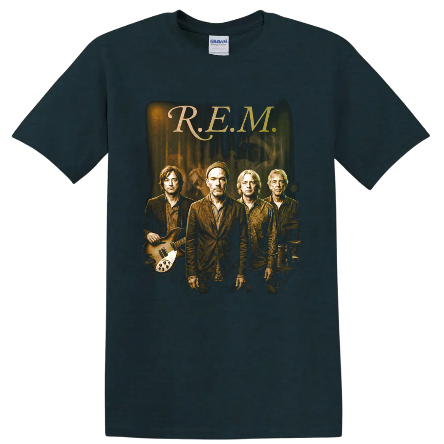 R.E.M. alternative rock band portrait with guitar and drums on a Midnight (Green) T Shirt