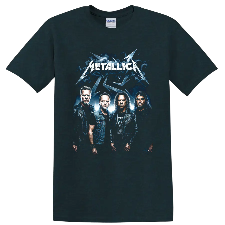Metallica band portrait graphic with lightning and blue smoke on a Midnight (Green) T Shirt