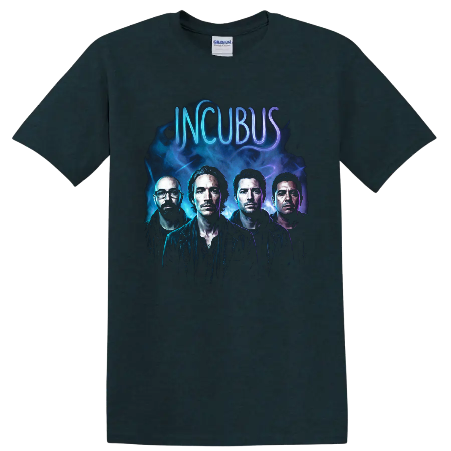 Incubus band portrait with blue smoke, purple light, and neon lettering on a Midnight (Green) T Shirt