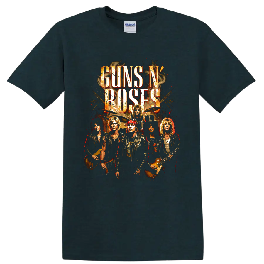 Guns N' Roses classic hard rock band graphic print with musicians and instruments on a Midnight (Green) T Shirt