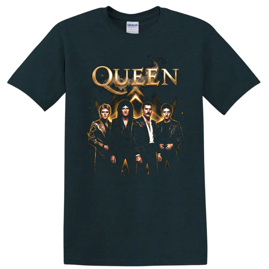 Queen rock band graphic with gold lettering and four portrait figures on a Midnight (Green) T Shirt