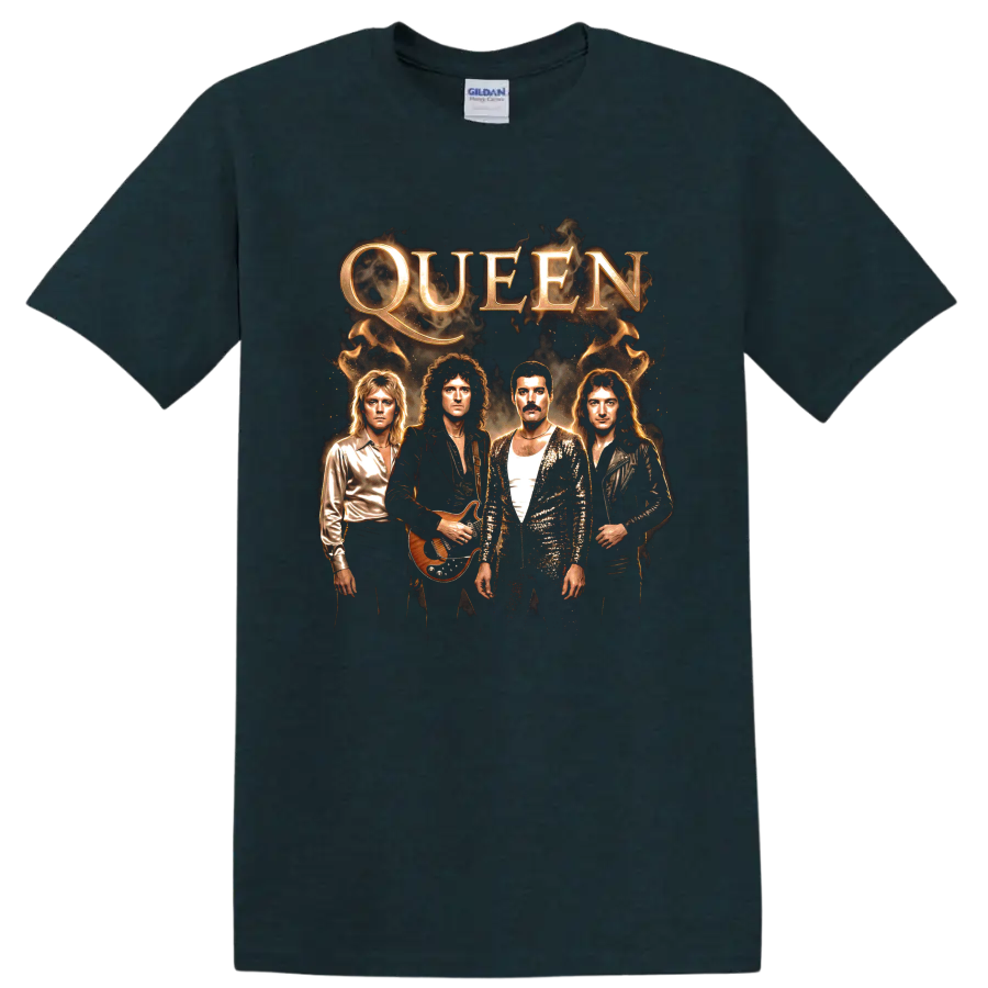 Freddie Mercury and Queen band portrait with gold QUEEN lettering on a Midnight (Green) T Shirt