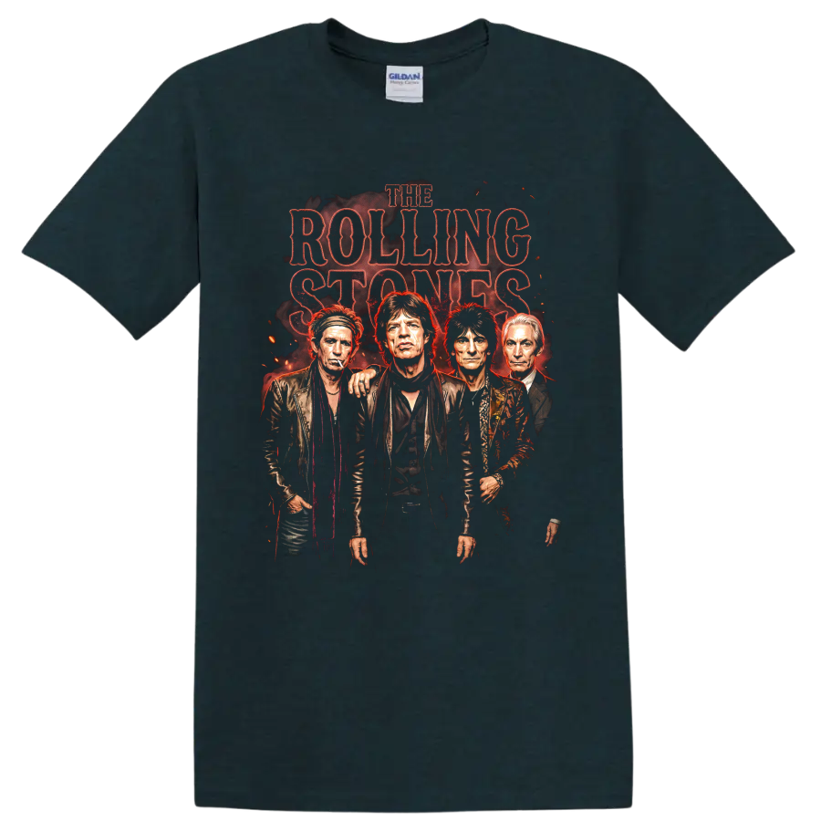 The Rolling Stones vintage rock band portrait graphic with distressed red lettering on a Midnight (Green) T Shirt
