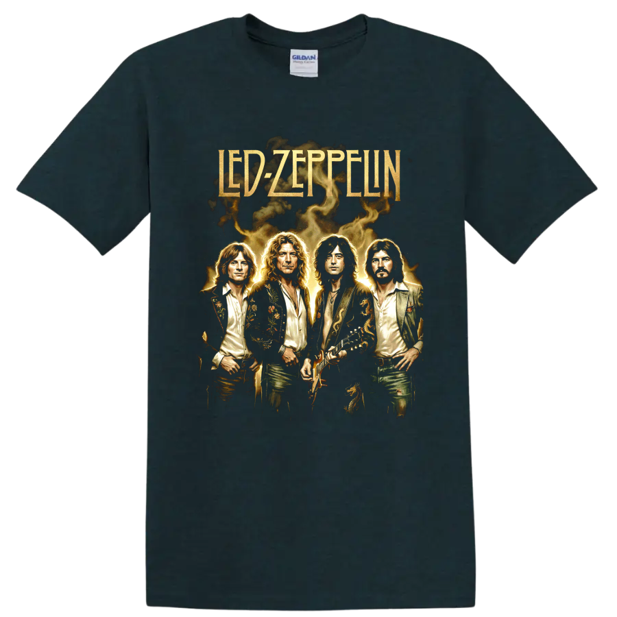 Led Zeppelin vintage band portrait artwork with gold lettering and guitar on a Midnight (Green) T Shirt