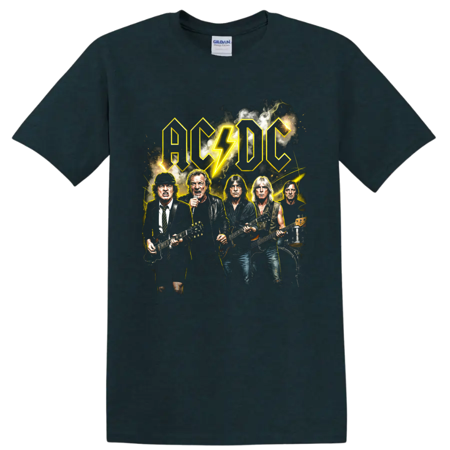 AC/DC hard rock band graphic with lightning bolt and musicians on a Midnight (Green) T Shirt