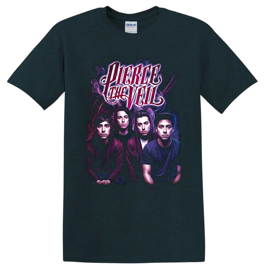 Pierce the Veil post-hardcore band portrait graphic with distressed lettering on a Midnight (Green) T Shirt