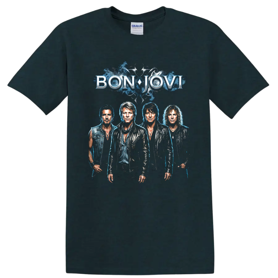 Bon Jovi band portrait graphic with blue smoke and bold logo on a Midnight (Green) T Shirt