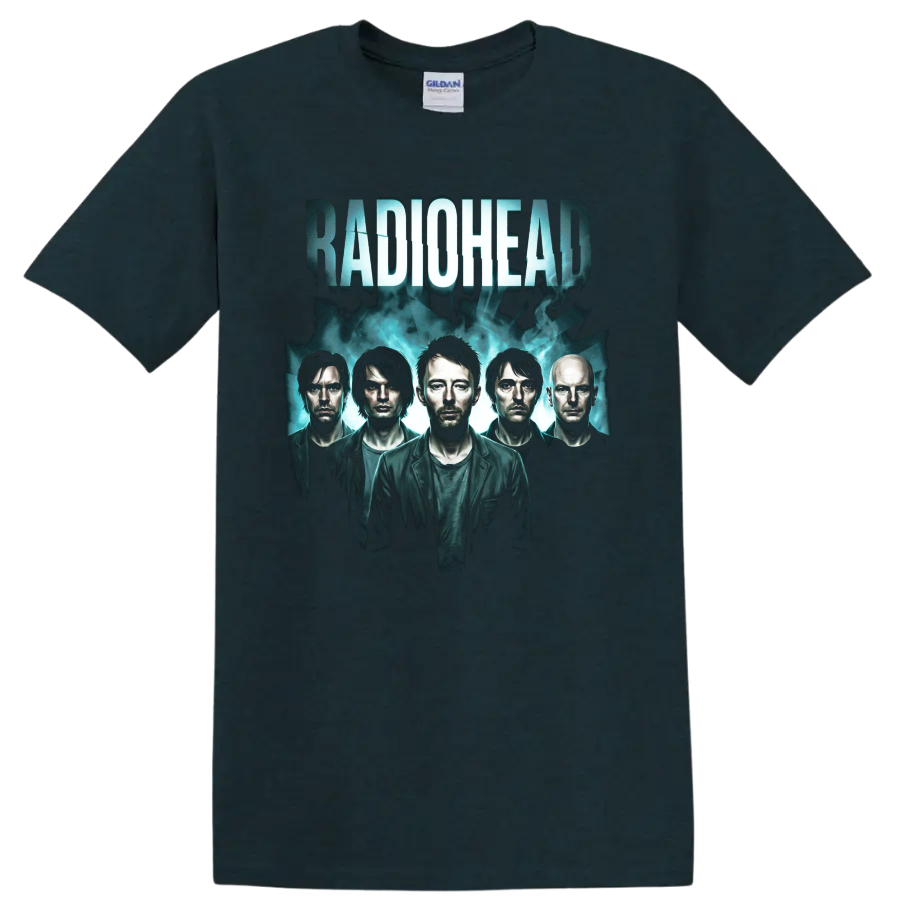 Radiohead alternative rock band portrait with distressed lettering on a Midnight (Green) T Shirt