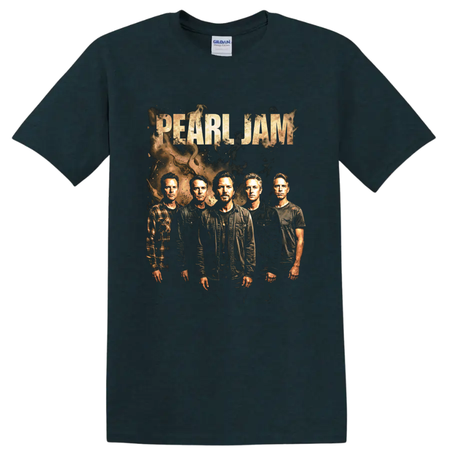 Pearl Jam band portrait with distressed lettering and grunge textures on a Midnight (Green) T Shirt
