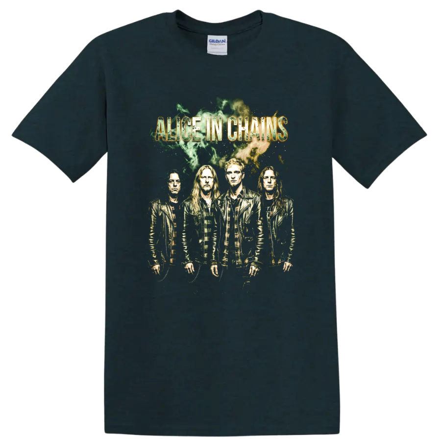 Alice in Chains grunge band poster graphic with four portraits on a Midnight (Green) T Shirt