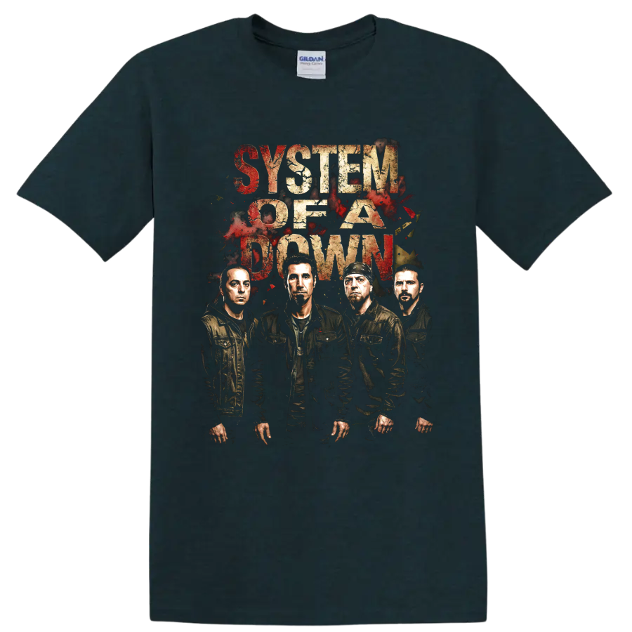 System of a Down distressed rock band portrait with bold lettering on a Midnight (Green) T Shirt