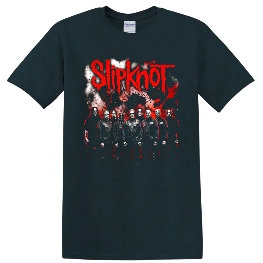 Slipknot logo with masked band members in a distressed red and black graphic on a Midnight (Green) T Shirt