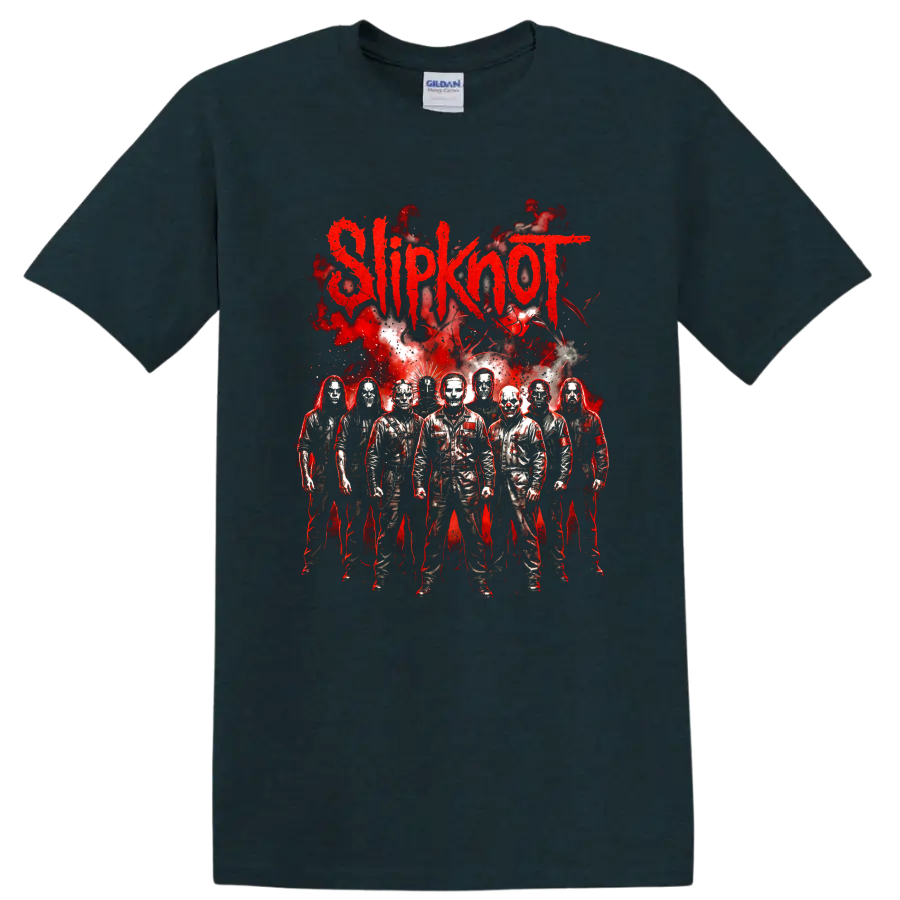 Slipknot masked metal band members with red horror-style graphic on a Midnight (Green) T Shirt