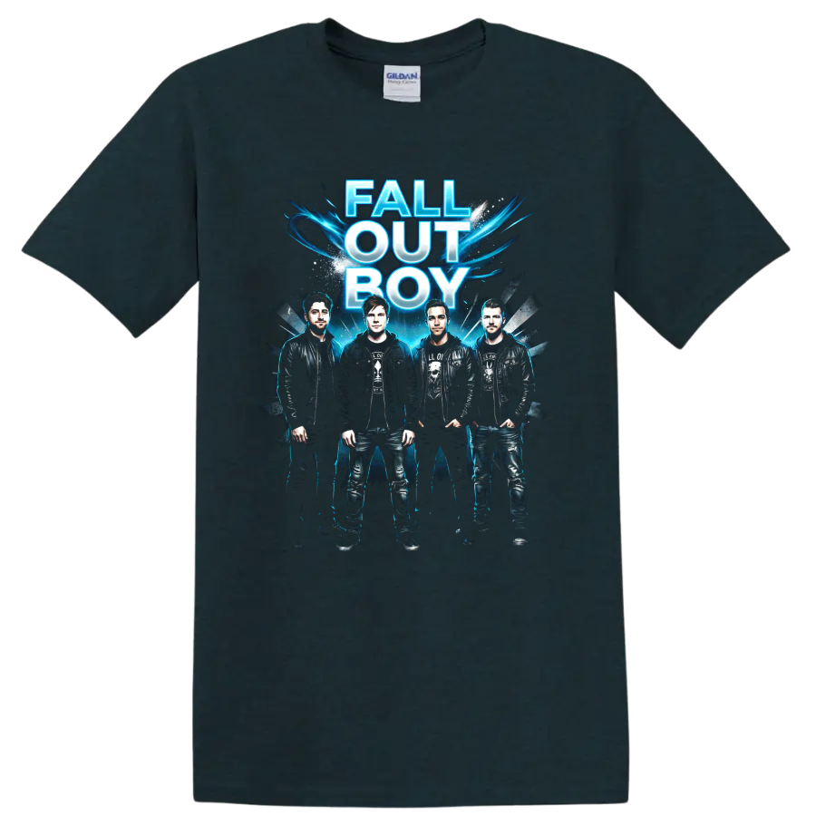 Fall Out Boy vintage emo rock poster graphic with blue lettering on a Midnight (Green) T Shirt