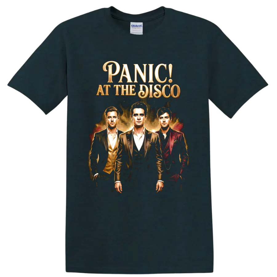 Panic! at the Disco vintage portrait graphic with ornate gold lettering on a Midnight (Green) T Shirt
