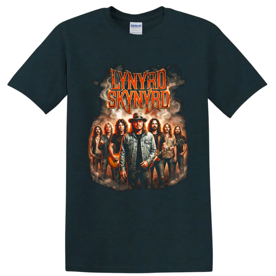 Lynyrd Skynyrd band lineup vintage rock poster graphic with guitars on a Midnight (Green) T Shirt