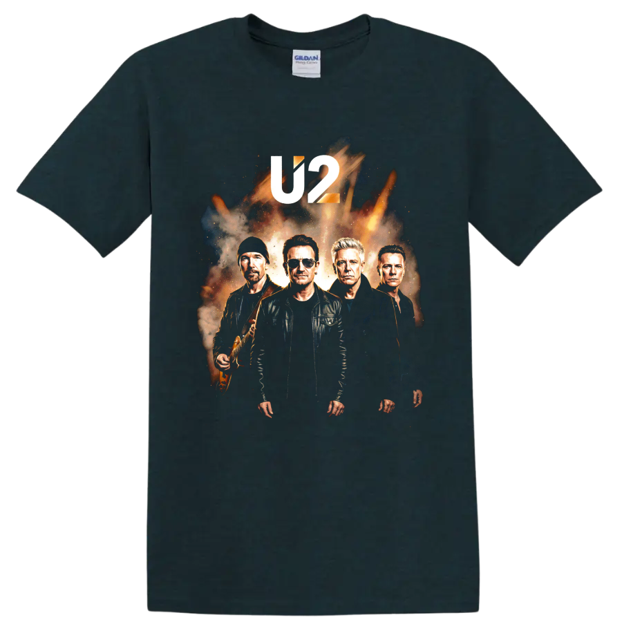 U2 Bono rock band portrait graphic with bold U2 lettering on a Midnight (Green) T Shirt
