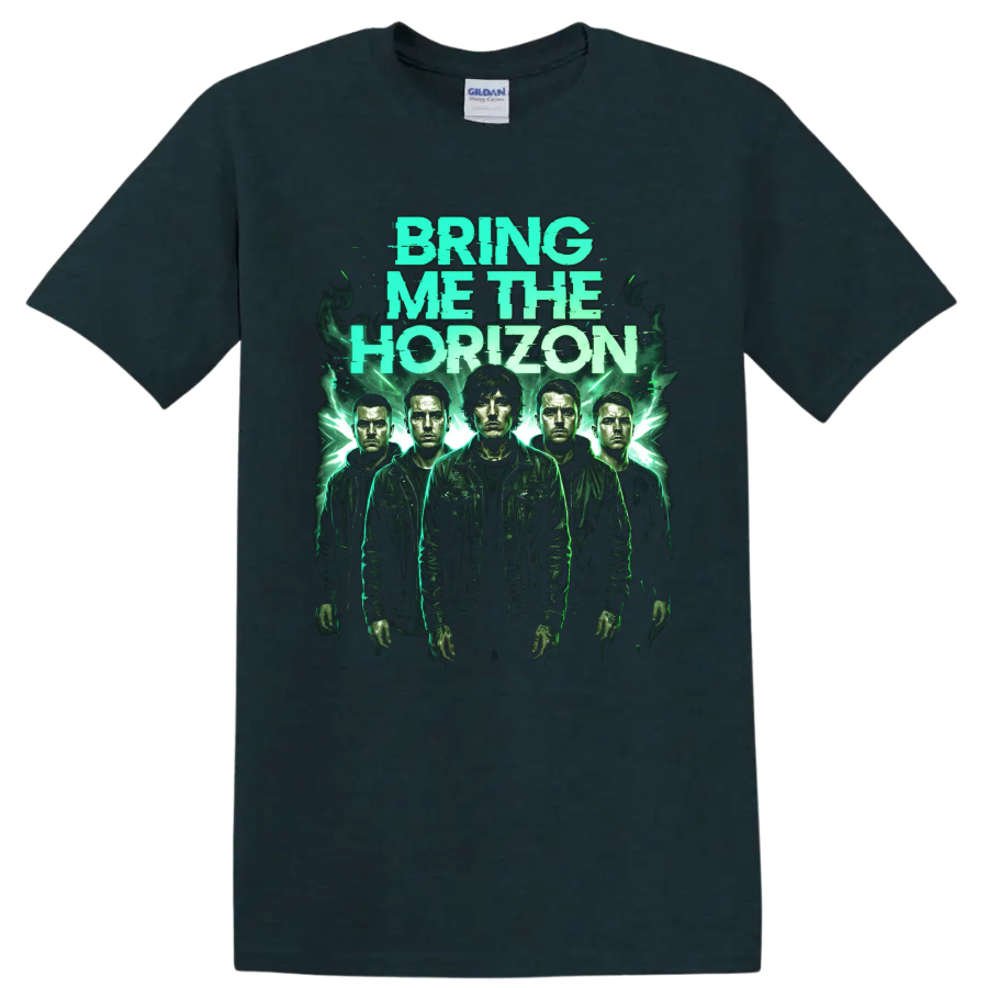 Bring Me the Horizon distressed green rock band portrait graphic on a Midnight (Green) T Shirt