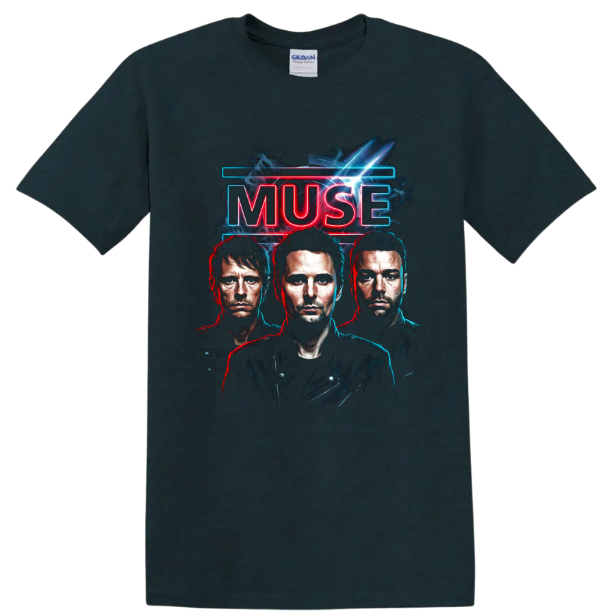 Muse neon rock band poster with three illustrated portraits on a Midnight (Green) T Shirt
