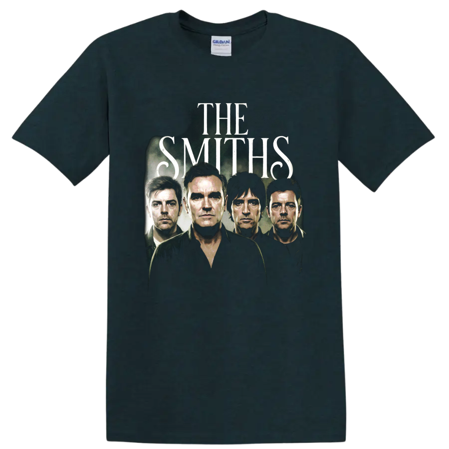 The Smiths brutalist alternative rock poster with four band portraits on a Midnight (Green) T Shirt