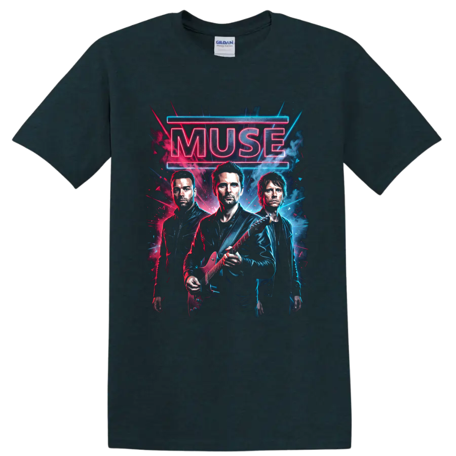 Muse neon rock band portrait with electric guitar and glowing lettering on a Midnight (Green) T Shirt