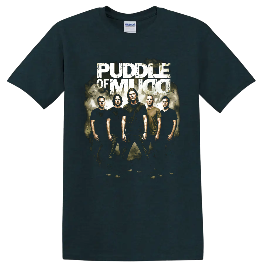 Puddle of Mudd grunge band portrait graphic with distressed lettering on a Midnight (Green) T Shirt