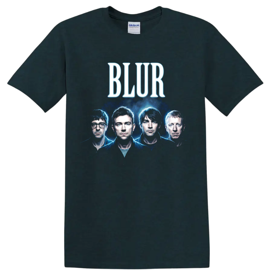 Blur Britpop band four-member blue portrait with bold BLUR lettering on a Midnight (Green) T Shirt