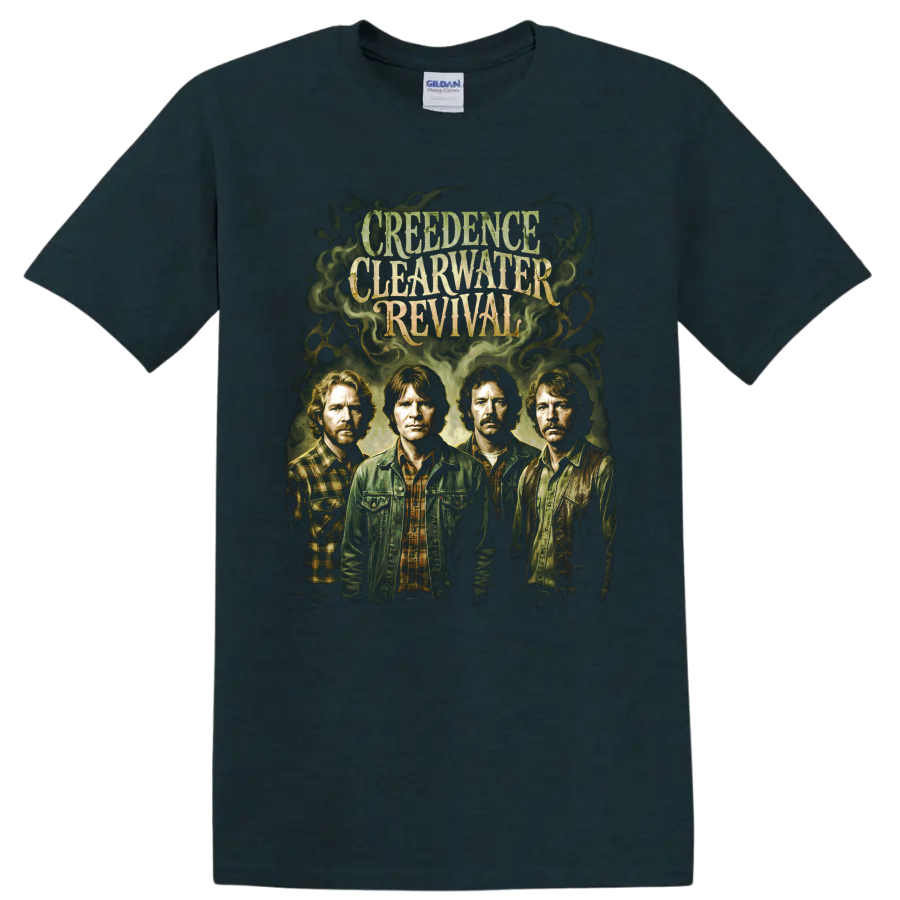 Creedence Clearwater Revival vintage band portrait graphic with distressed lettering on a Midnight (Green) T Shirt