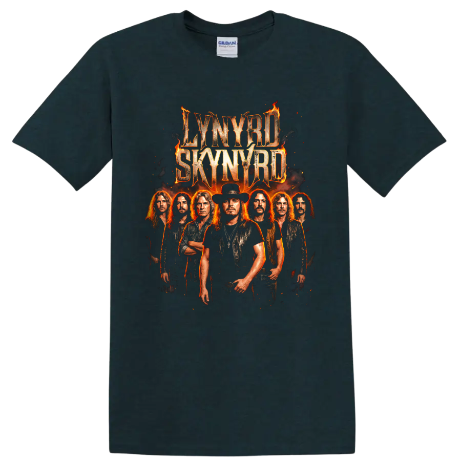 Lynyrd Skynyrd fiery Southern rock band poster graphic on a Midnight (Green) T Shirt