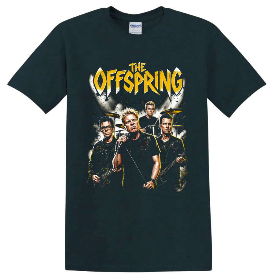 The Offspring punk rock band portrait graphic with distressed gold lettering on a Midnight (Green) T Shirt