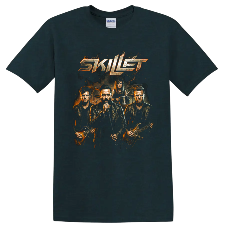 Skillet band logo graphic with vocalist, guitarists, and drummer on a Midnight (Green) T Shirt