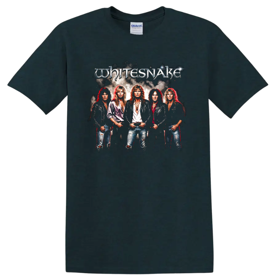 Whitesnake 1987 hard rock band portrait with metallic logo graphic on a Midnight (Green) T Shirt