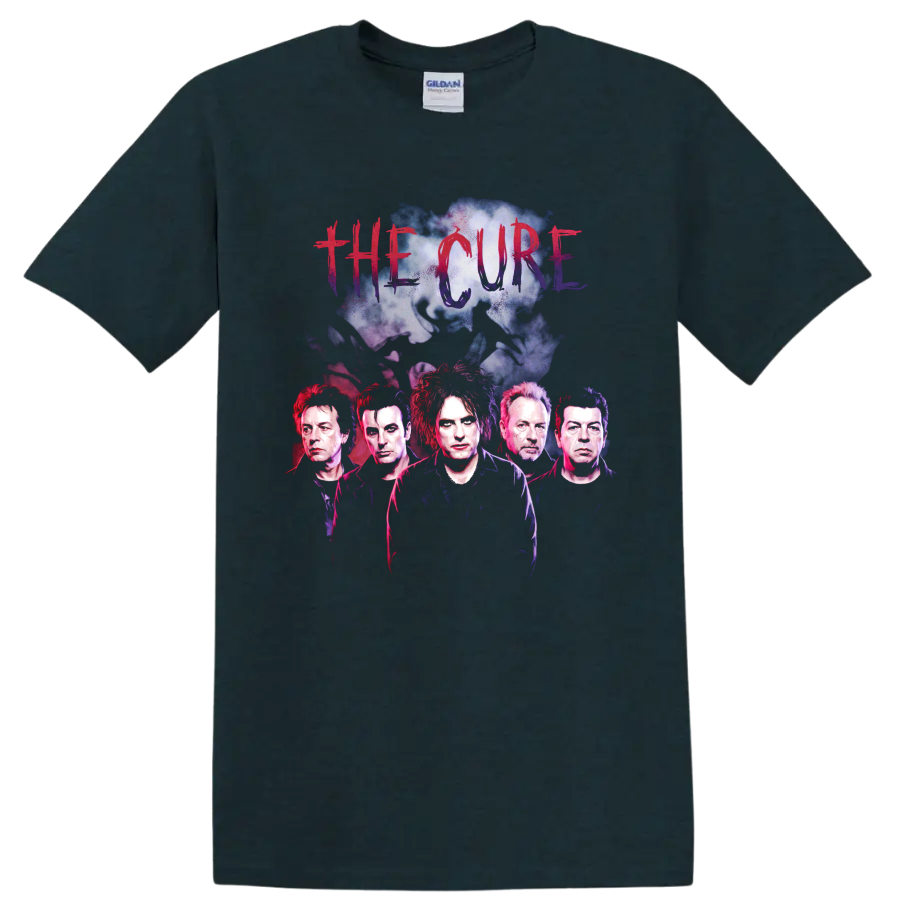 The Cure post-punk band graphic with five portraits and distressed lettering on a Midnight (Green) T Shirt