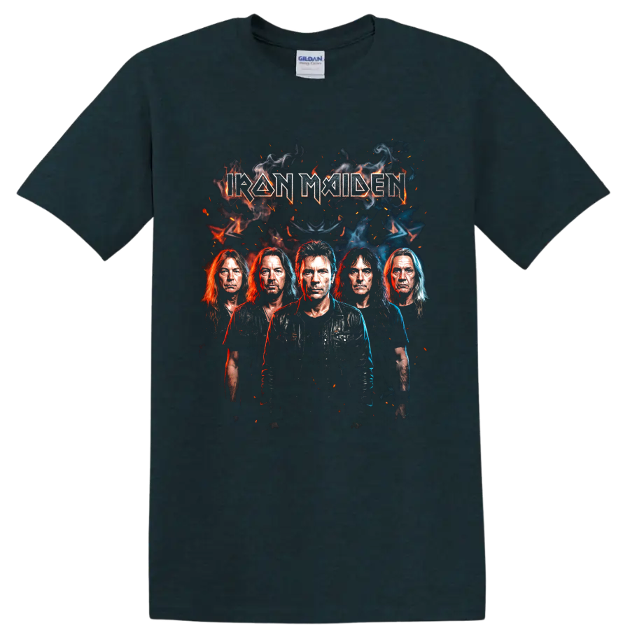 Iron Maiden band portrait with smoky fire effects and angular lettering on a Midnight (Green) T Shirt