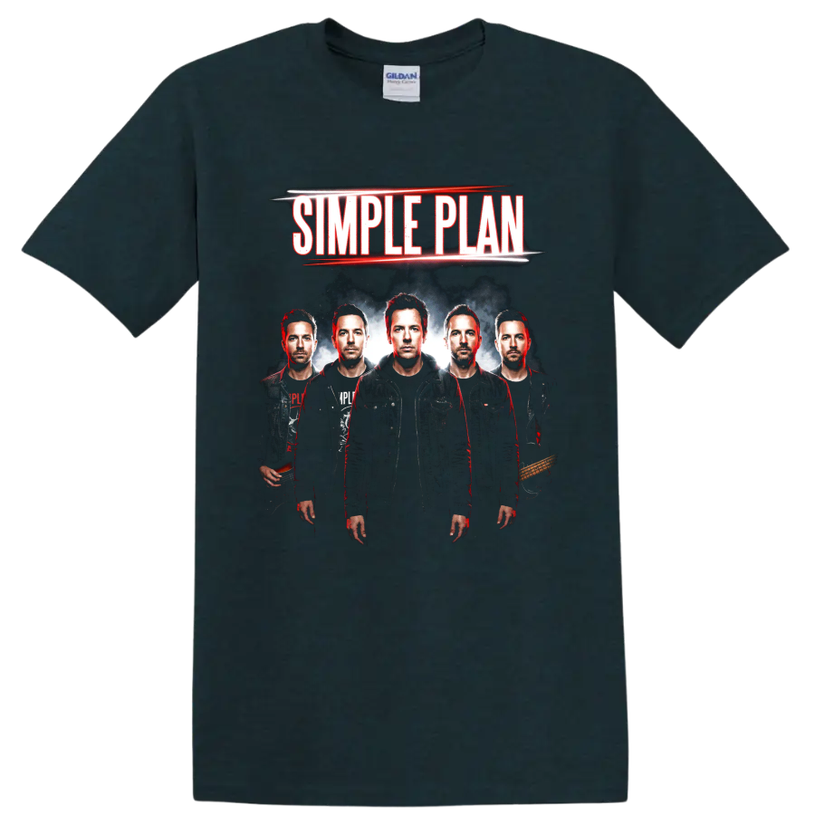 Simple Plan band members pop punk portrait with bold lettering on a Midnight (Green) T Shirt