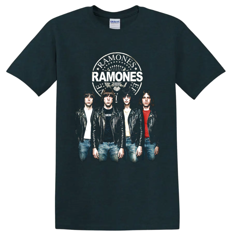 Ramones punk rock band portrait with distressed vintage crest on a Midnight (Green) T Shirt