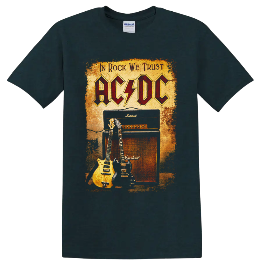AC/DC vintage rock graphic with guitars and Marshall amplifier on a Midnight (Green) T Shirt