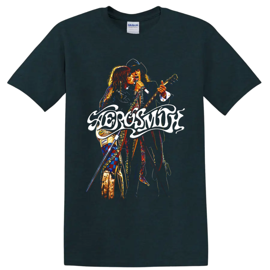 Aerosmith rock concert graphic with singer, guitarist, and flowing logo on a Midnight (Green) T Shirt