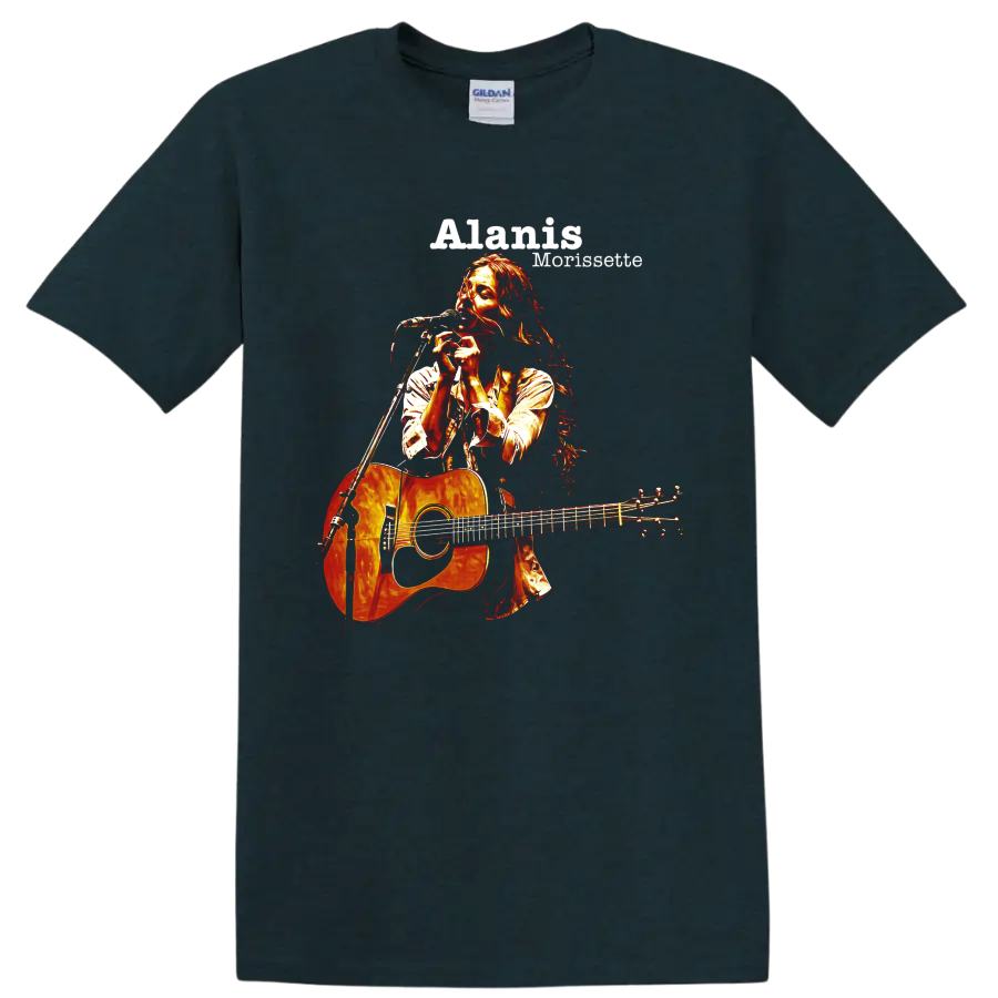 Alanis Morissette singing with acoustic guitar, distressed rock graphic on a Midnight (Green) T Shirt