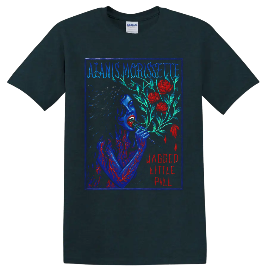 Alanis Morissette Jagged Little Pill distressed floral rock graphic on a Midnight (Green) T Shirt