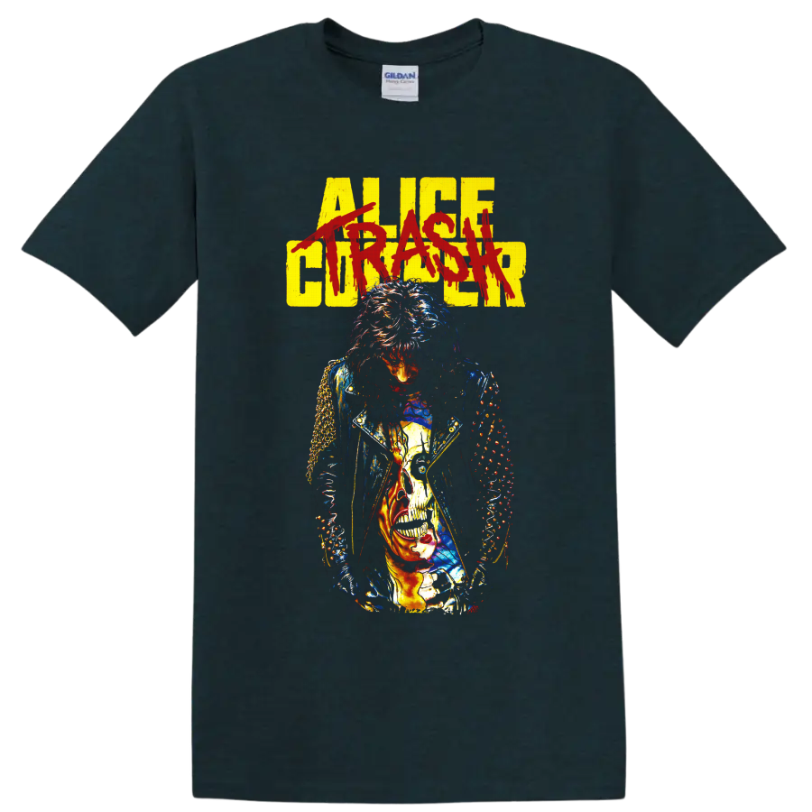 Alice Cooper gothic rock portrait with distressed lettering and skull graphic on a Midnight (Green) T Shirt