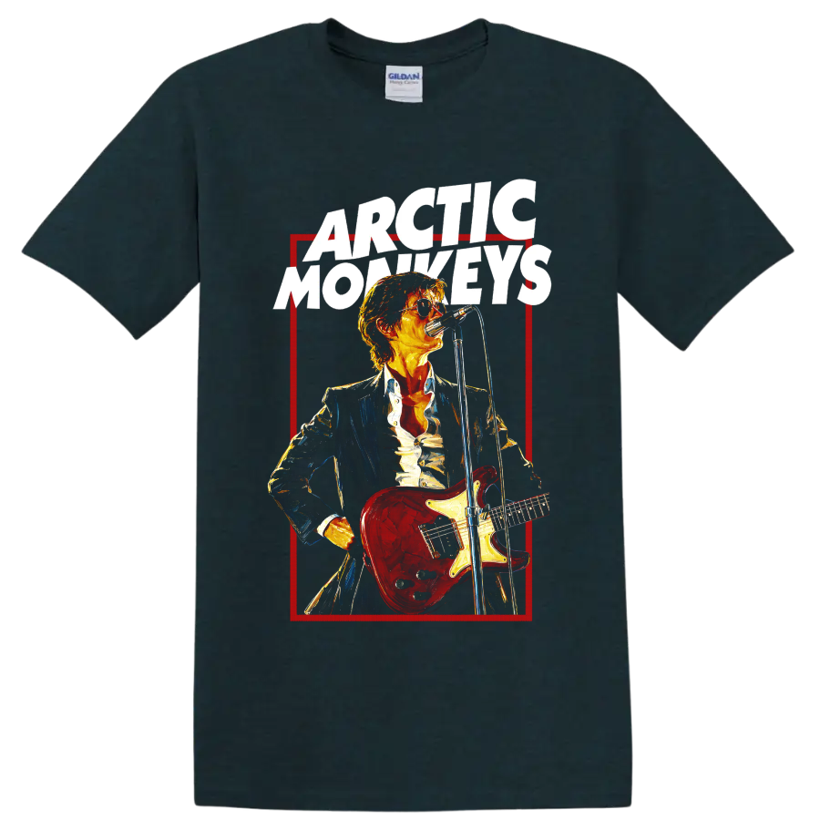 Arctic Monkeys guitarist graphic with red electric guitar and microphone on a Midnight (Green) T Shirt