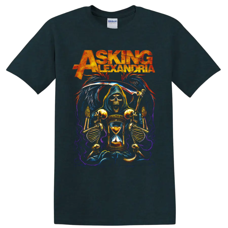 Asking Alexandria grim reaper hourglass metalcore graphic on a Midnight (Green) T Shirt