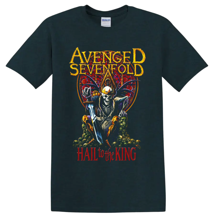 Avenged Sevenfold crowned skeleton gothic metal artwork with Hail to the King text on a Midnight (Green) T Shirt