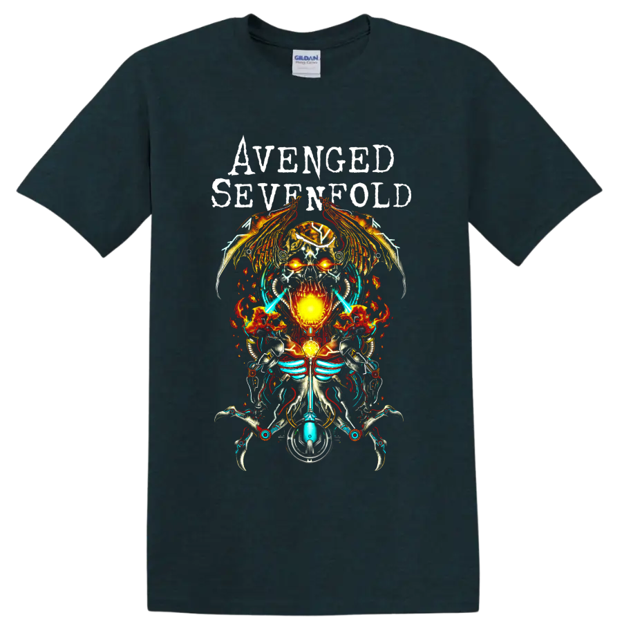 Avenged Sevenfold fiery cyborg skull metal graphic on a Midnight (Green) T Shirt