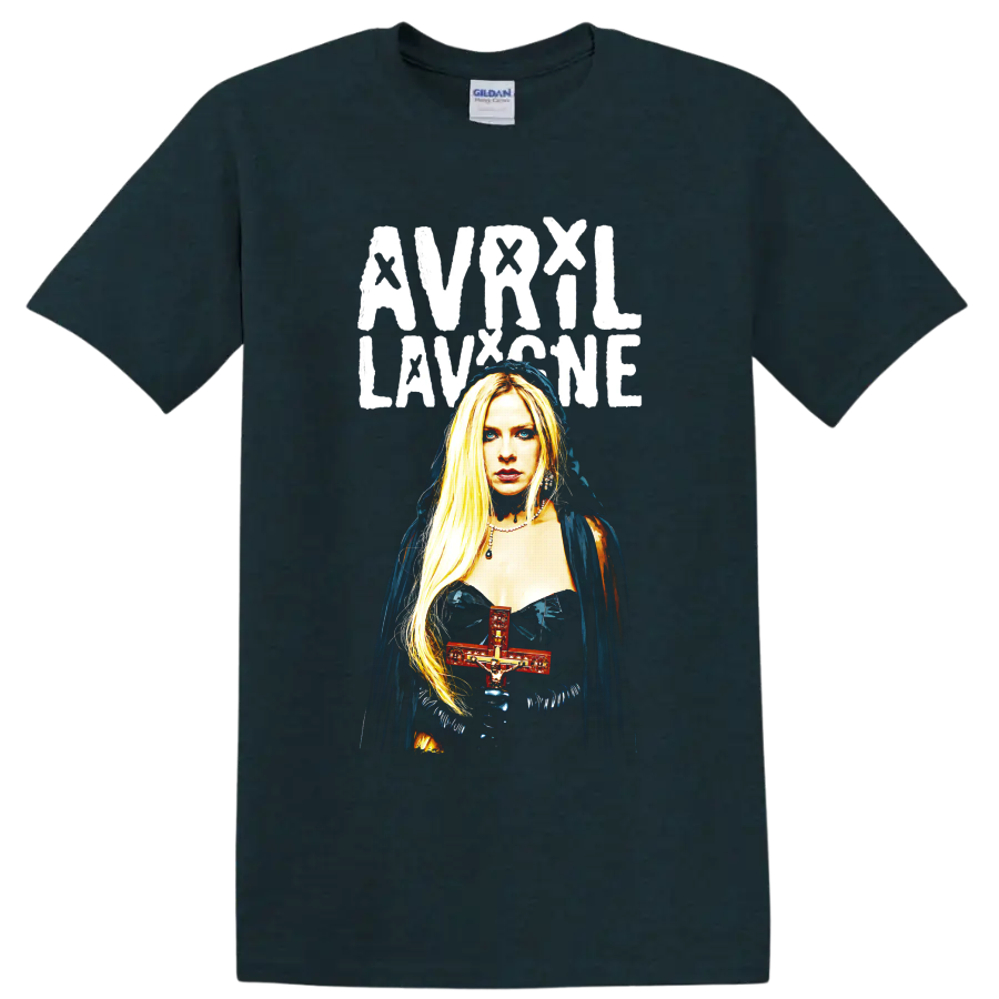 Avril Lavigne gothic portrait graphic with red cross and distressed lettering on a Midnight (Green) T Shirt